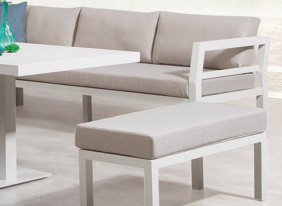 Set Miami sofa terraza aluminio blanco con mesa de comedor