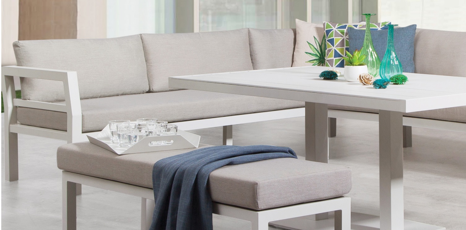 Set Miami sofa terraza aluminio blanco con mesa de comedor