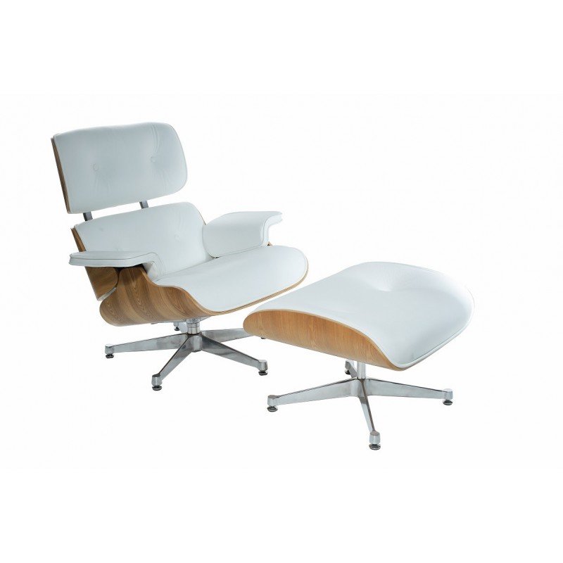 Butaca Lounge Chair con ottoman similpiel blanco madera de fresno