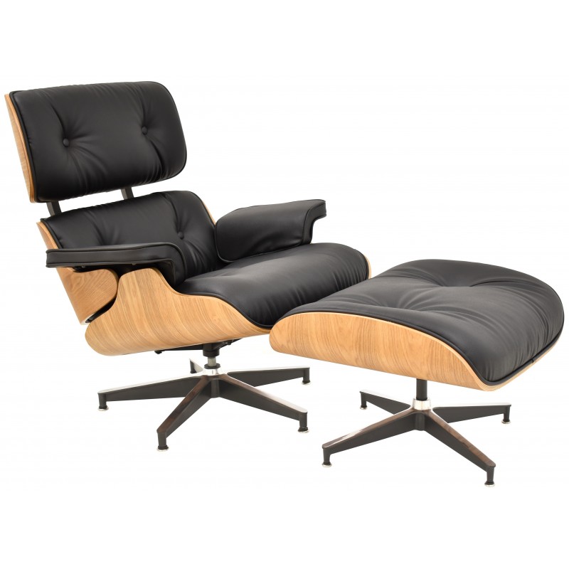 Lounge Chair con ottoman similpiel negro madera de fresno