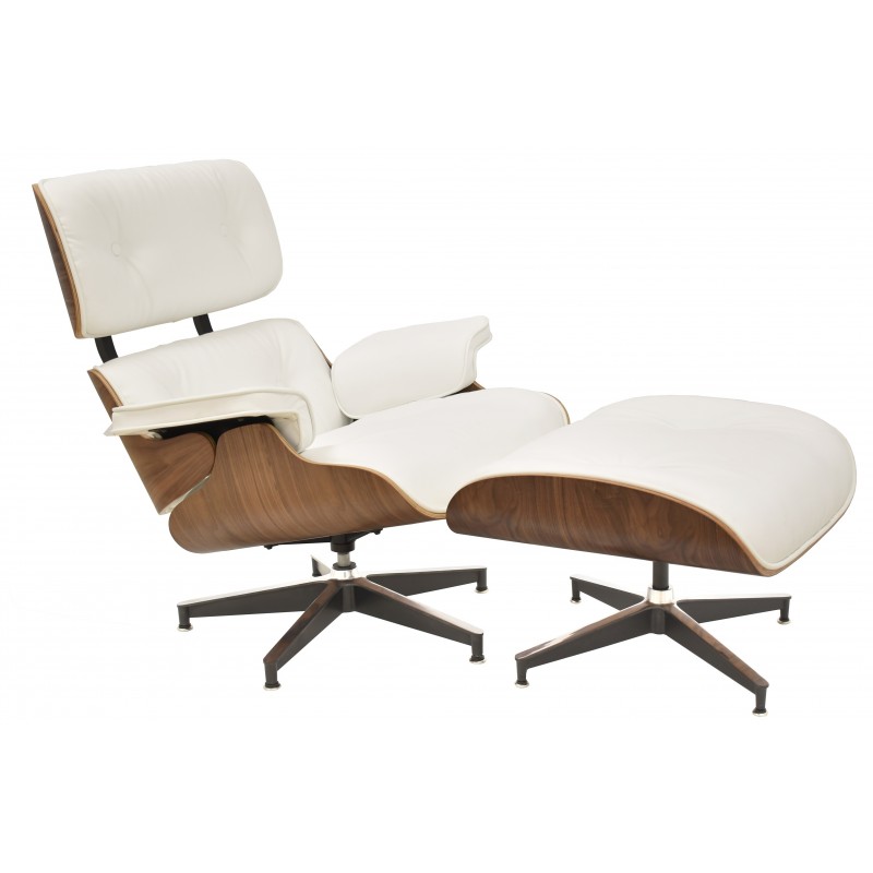 Lounge Chair con ottoman similpiel blanca madera de nogal