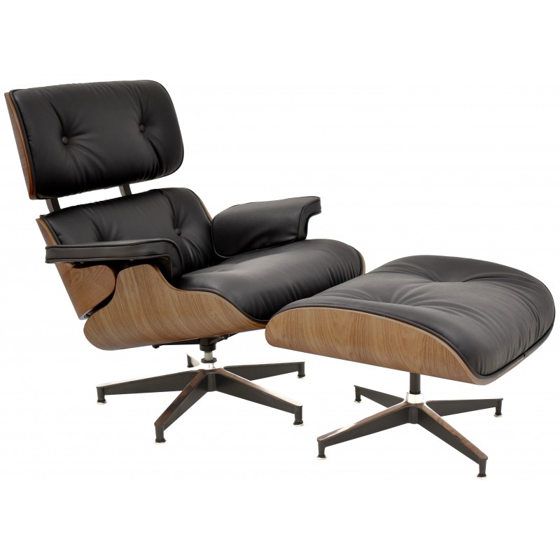 Lounge Chair con ottoman similpiel negro madera de nogal