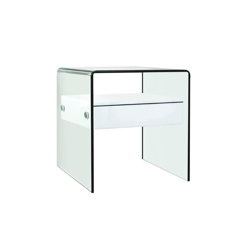Mesa auxiliar canada cristal y cajón de madera blanco 50x45cm