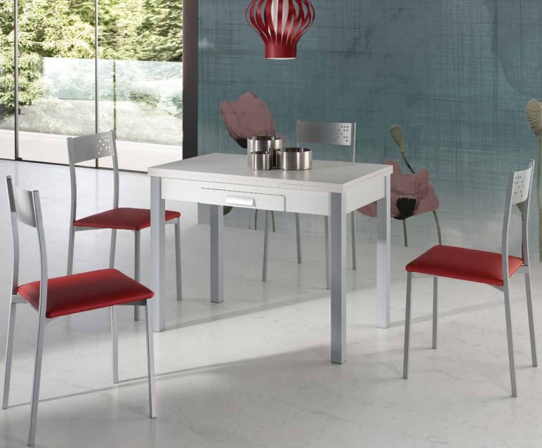 Conjunto de cocina mesa extensible MDF blanca con cajon Ceravey cuatro sillas luso