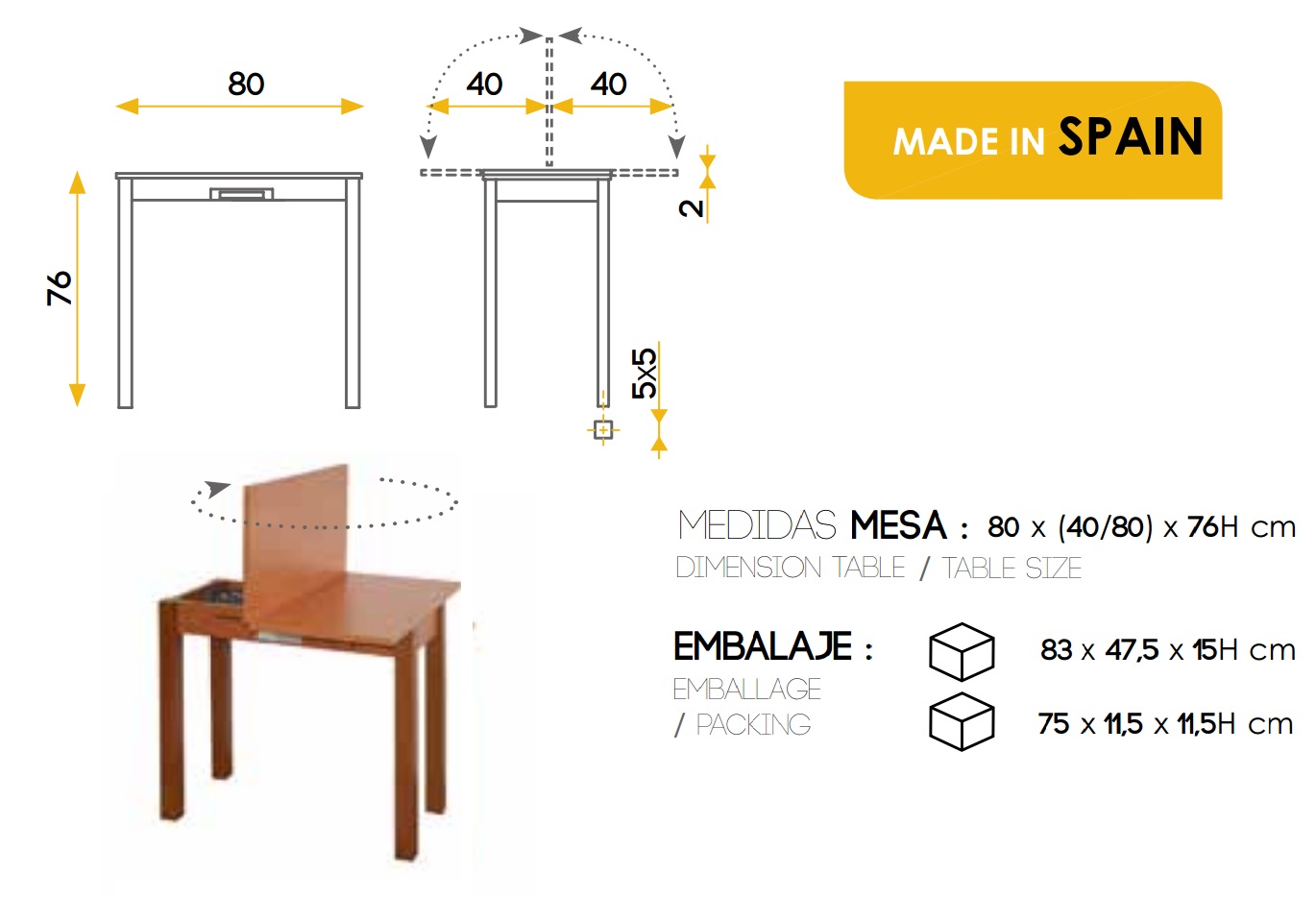 Mesa de cocina extensible Parma  cerezo 80x40-80 cm