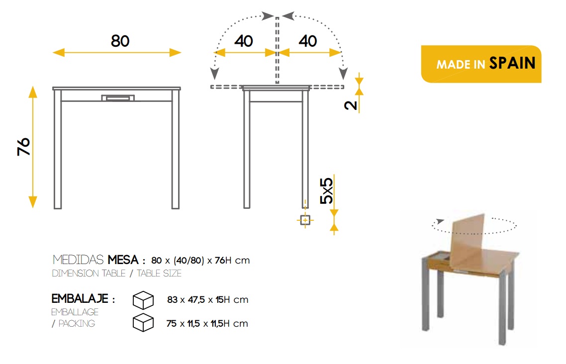 Mesa de cocina extensible Parma  roble metal 80x40-80 cm