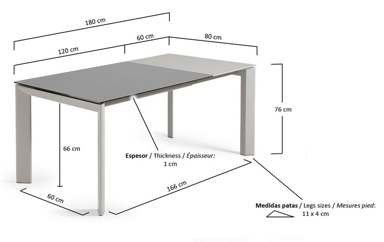 Mesa extensible lam cristal gris 120-180x80