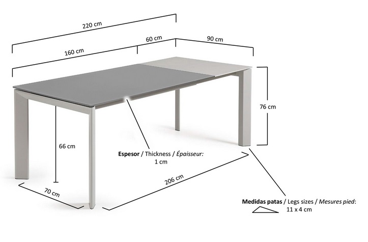 Mesa extensible lam cristal gris 160-220x90