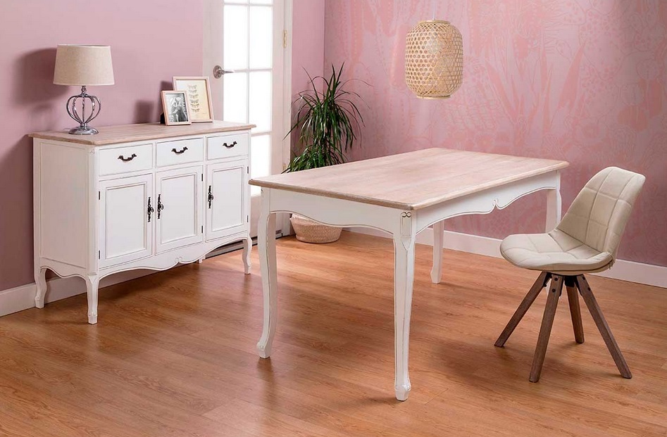 Mesa de comedor romántica madera blanco provenza 160x80 cm