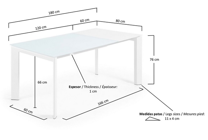 Mesa extensible cristal blanco Lam 120-180x80
