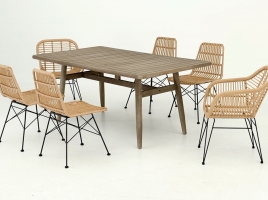 Conjunto terraza mesa madera sillas ratan honey