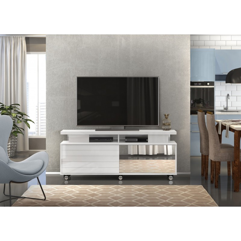 Mueble TV con ruedas Antalia blanco brillo 150 cm