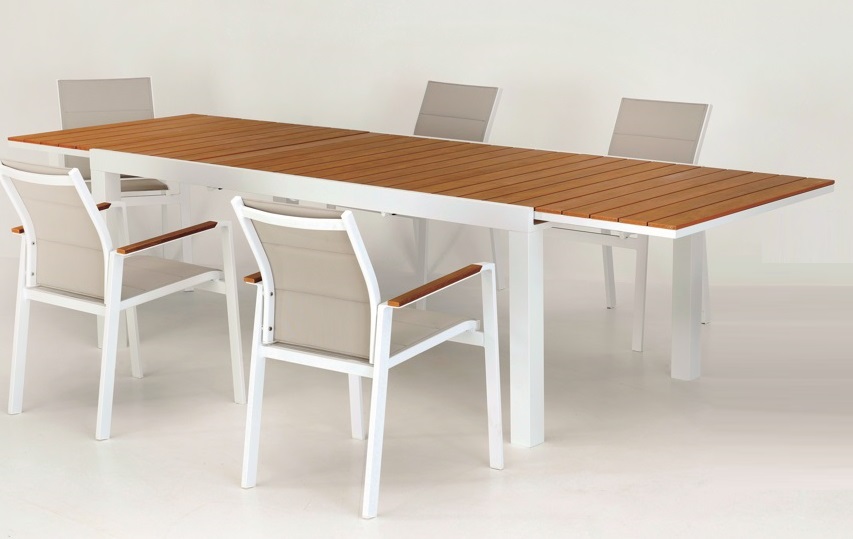 Mesa vienna aluminio blanco lamas madera poliwood 80-160 x 60