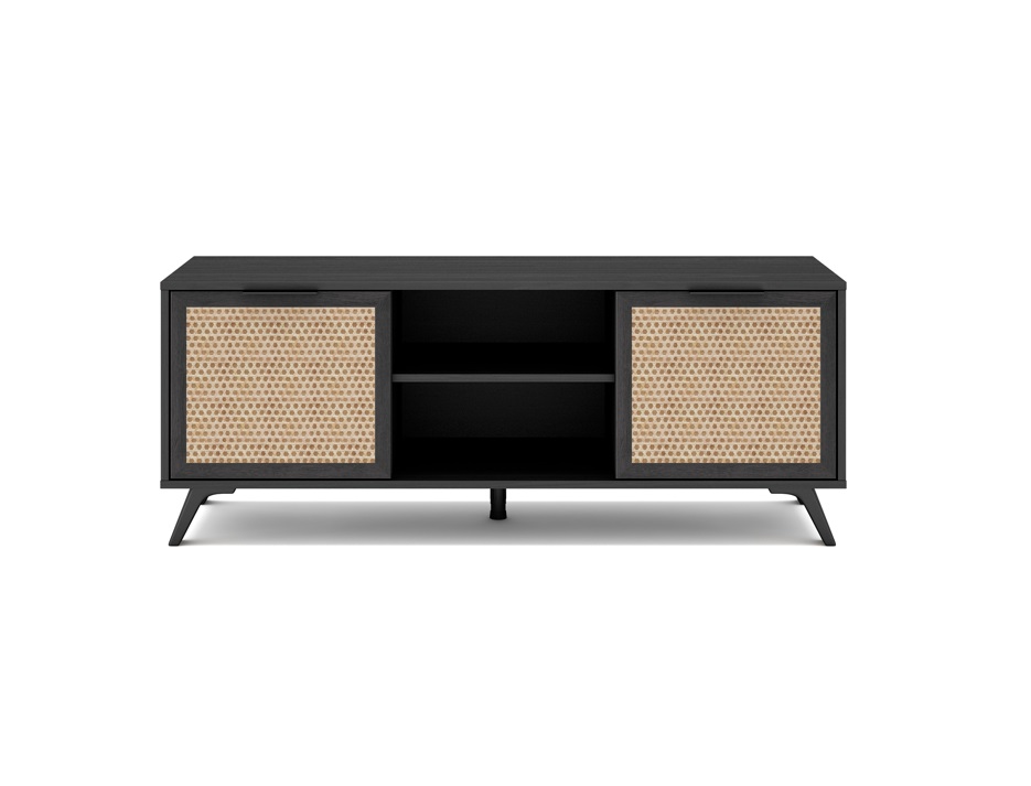 Mueble TV acacia negro ratan trenzado 136 cm