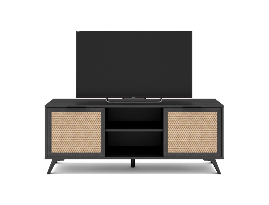 Mueble TV acacia negro ratan trenzado 136 cm