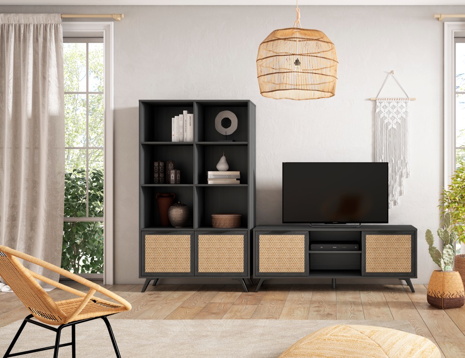 Mueble TV acacia negro ratan trenzado 136 cm