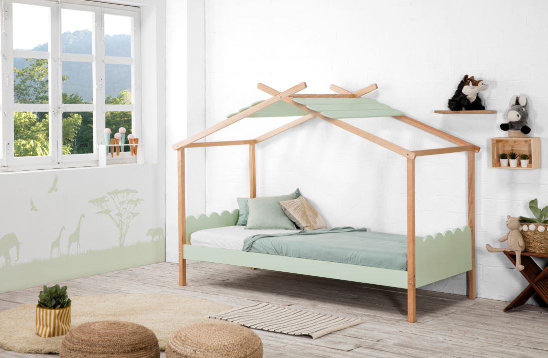 Cama Cabaña juventil Nuvem madera de pino verde 90x190 cm