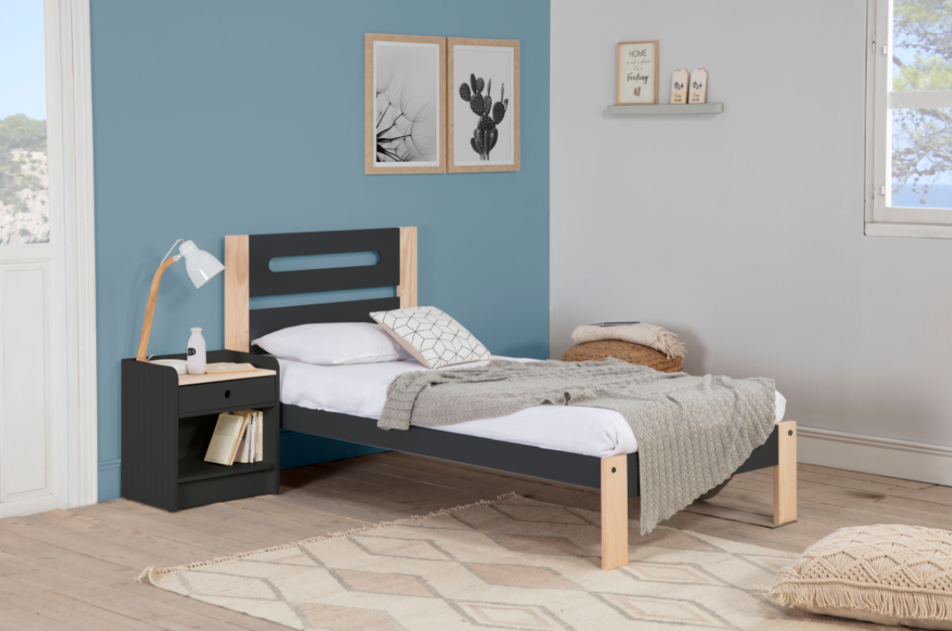 Cama Keisly madera pino antracita 90x190cm