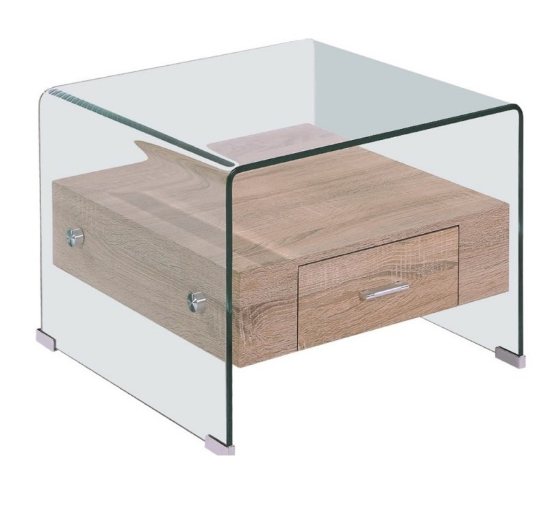 Mesa auxiliar cristal transparente cajon roble 50x50