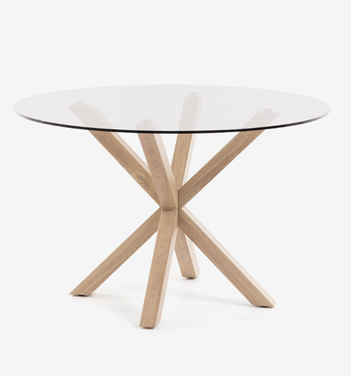 Mesa redonda de cristal patas de acero efecto madera 119cm