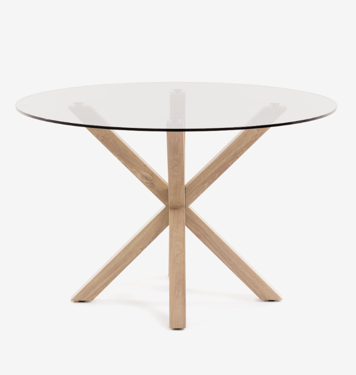 Mesa redonda de cristal patas de acero efecto madera 119cm