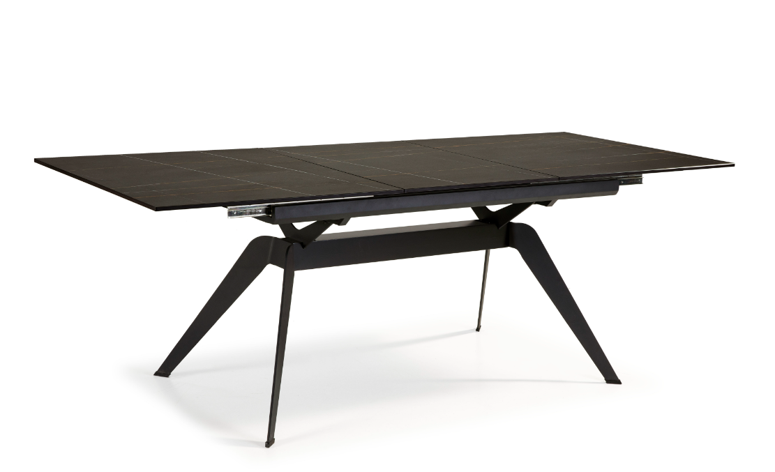 Mesa extensible Lula ceramica negra dorada pie metal negro 160-220x90cm