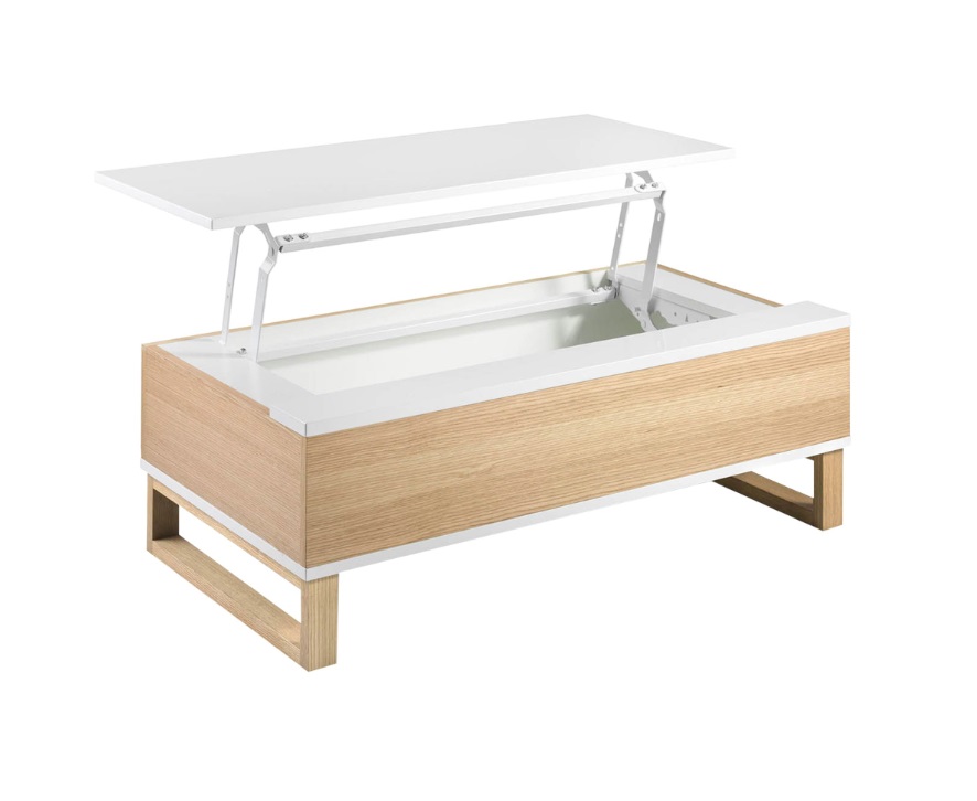 Mesa de centro elevable blanco brillo roble 110x60