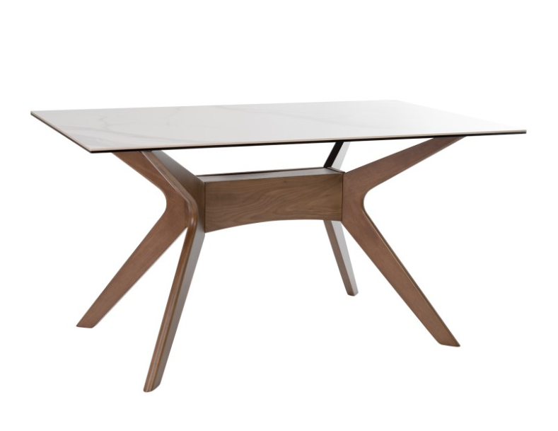 Mesa Adeline porcelánico marmol creta patas de madera en nogal 140x90cm