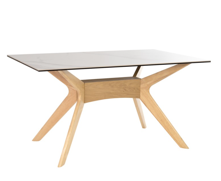 Mesa Adeline porcelánico marmol creta patas de madera en roble 140x90cm