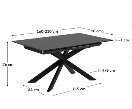 Mesa extensible Patagonia cristal y patas de acero negro 160-210x90cm