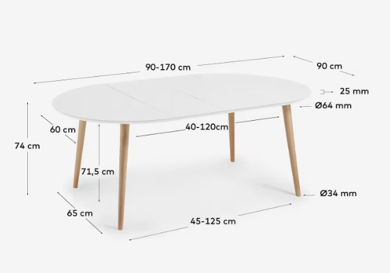 Mesa nordica redonda extensible blanco mate haya 90-170x90 cm