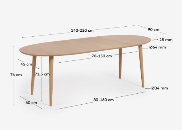 Mesa nordica redonda extensible roble natural 140-220x90 cm