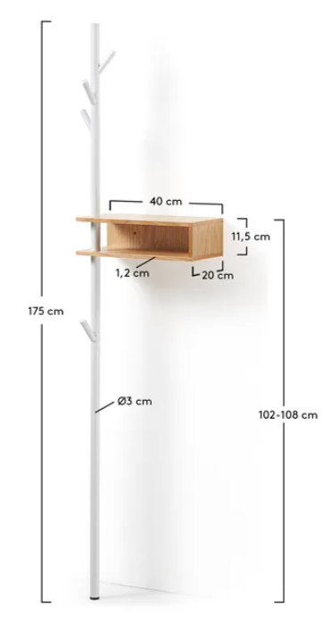 Perchero Karina acero blanco y chapado en roble 175 cm