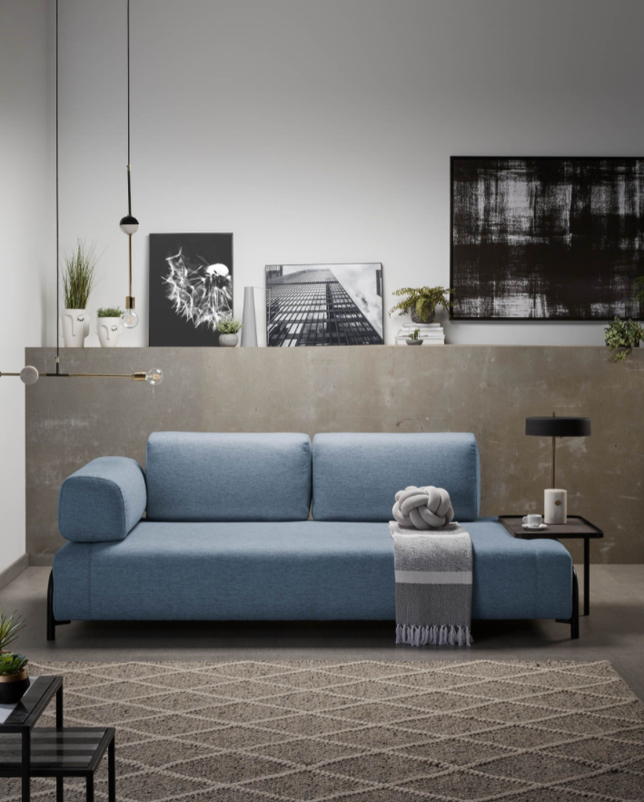 Sofa Damini 3 plazas azul con bandeja 252cm