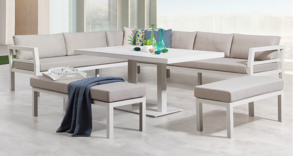 Set Miami sofa terraza aluminio blanco con mesa de comedor