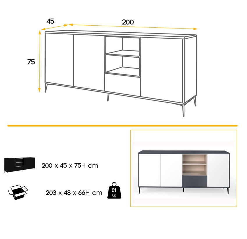 Aparador Lauki Blanco mate antracita 200 cm