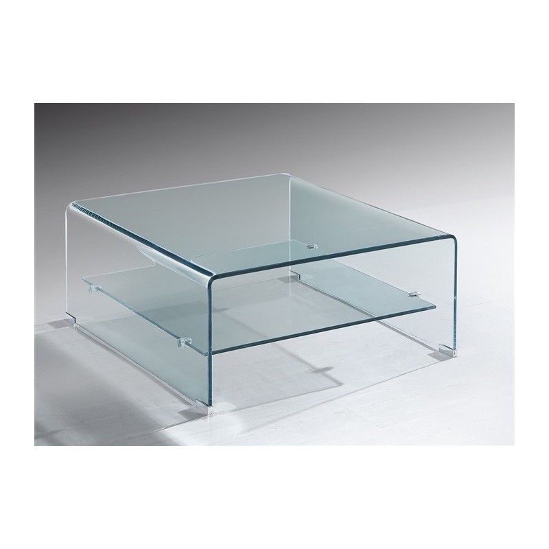 Mesa de centro cristal curvado con estante 60x60cm