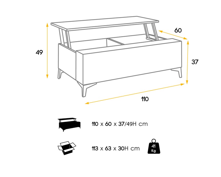 Mesa de centro elevable roble blanco polar Moritz 110x60