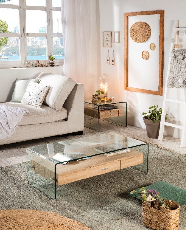 Mesa de centro nordica Sidney cristal bandeja roble 110x55