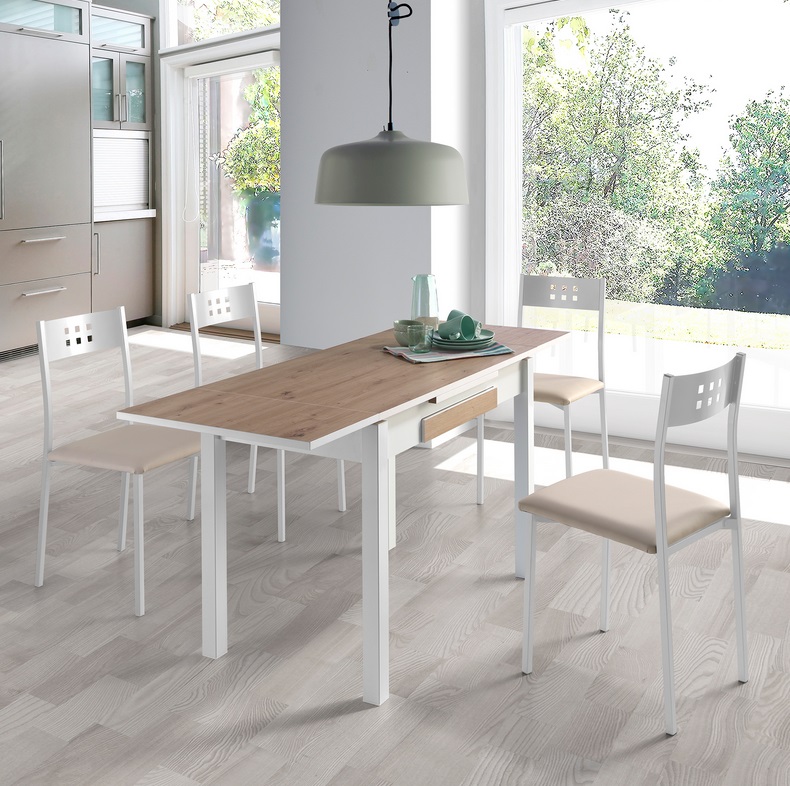 Conjunto de cocina Bari mesa extensible blanco roble