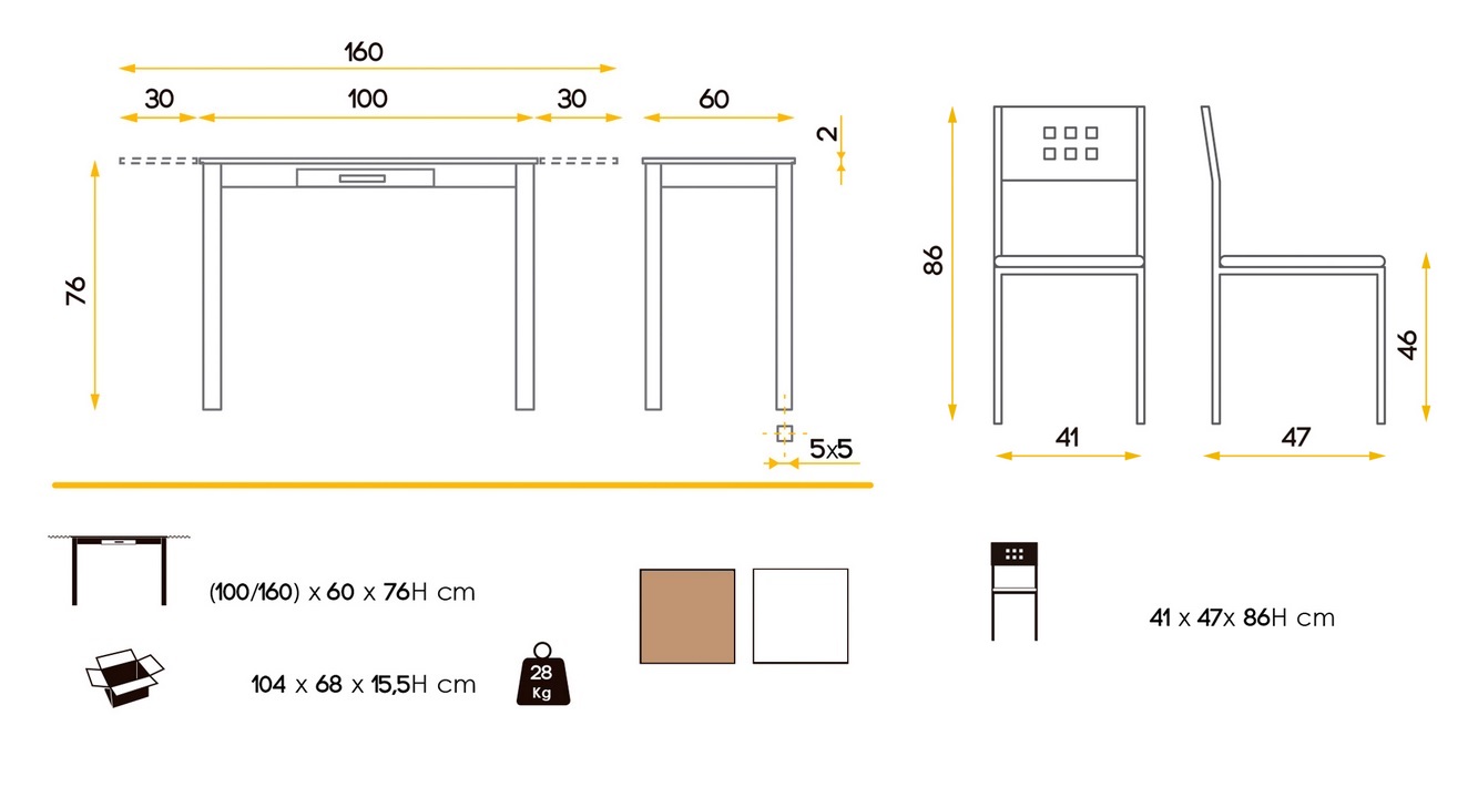 Conjunto de cocina Bari mesa extensible blanco roble