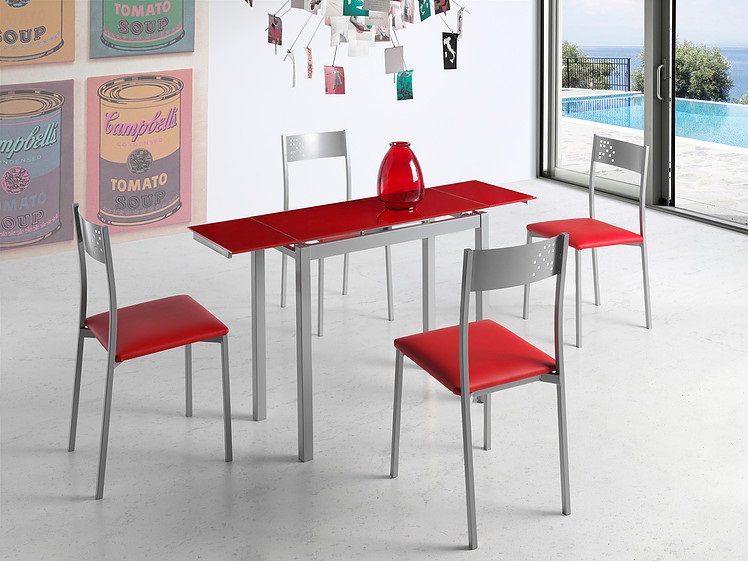 Conjunto de cocina mesa extensible Narbona cristal rojo 4 sillas luso rojo