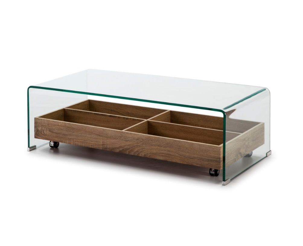 Mesa de centro Sidney cristal bandeja roble 110x55