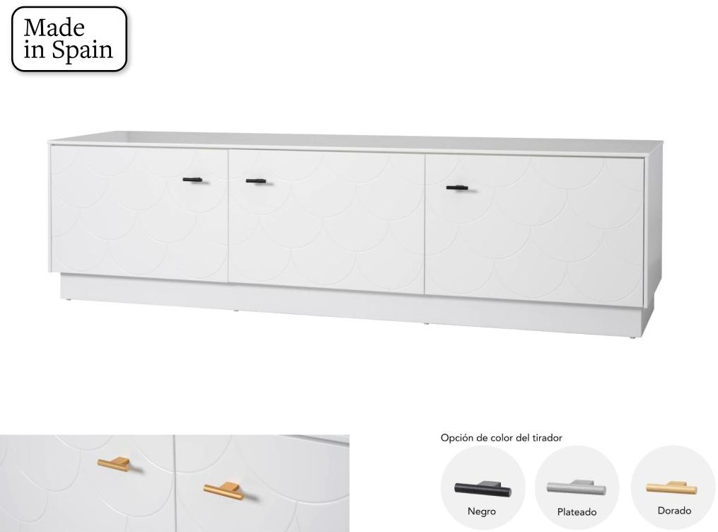 Mueble TV lacado blanco cola de pez 3 puertas 180 cm