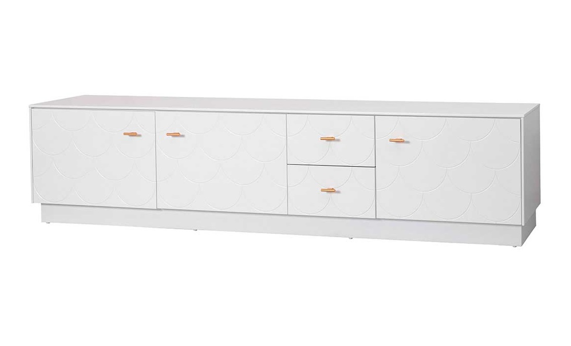 Mueble TV lacado blanco cola de pez 3 puertas 2 cajones 220 cm