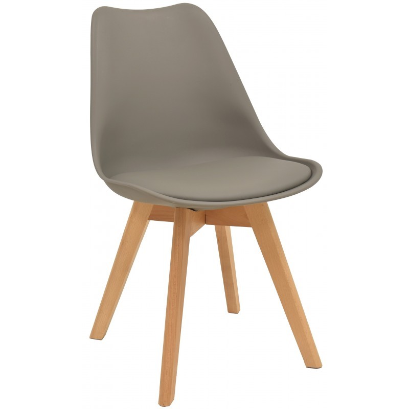 Silla nordica madera de haya, polipropileno con cojin gris claro