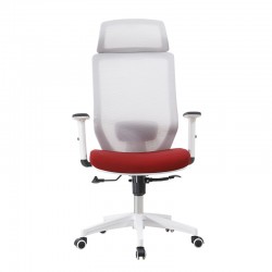 Sillón de oficina con cabezal blanco malla gris y tejido rojo