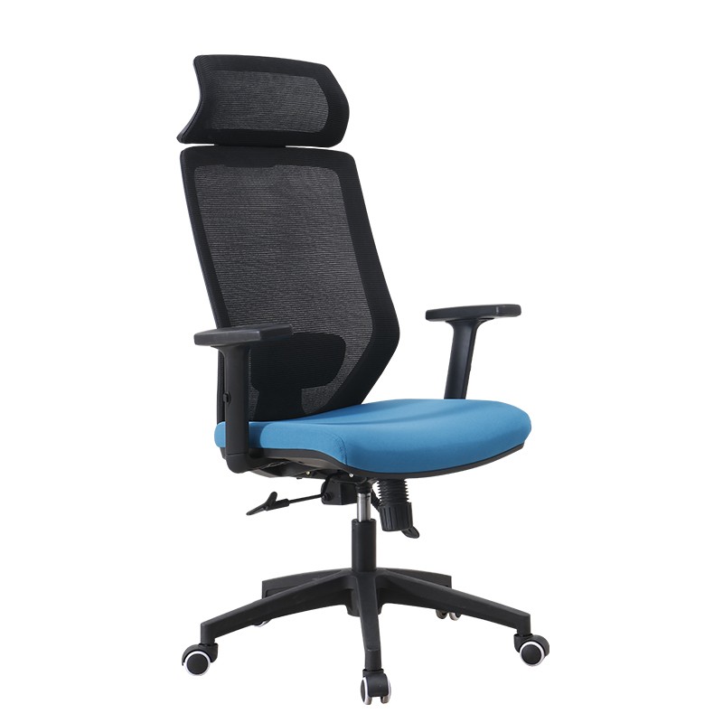 Sillón de oficina con cabezal malla negra y tejido azul