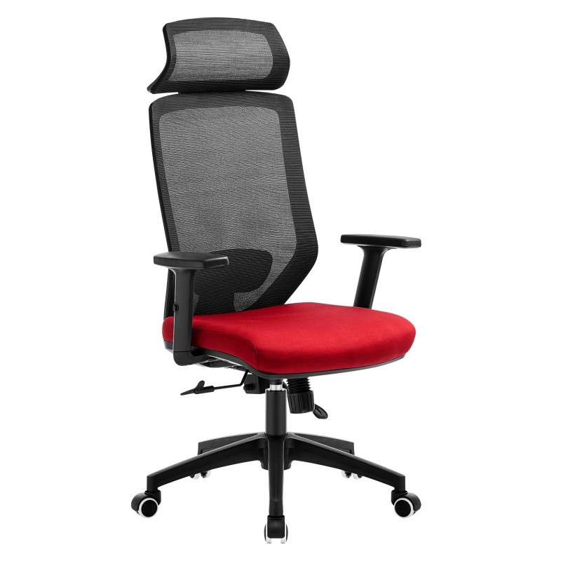 Sillón de oficina con cabezal malla negra y tejido rojo