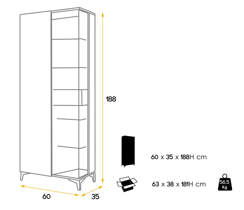 Vitrina alta savoy nogal y cristal con cajon gris 188x60